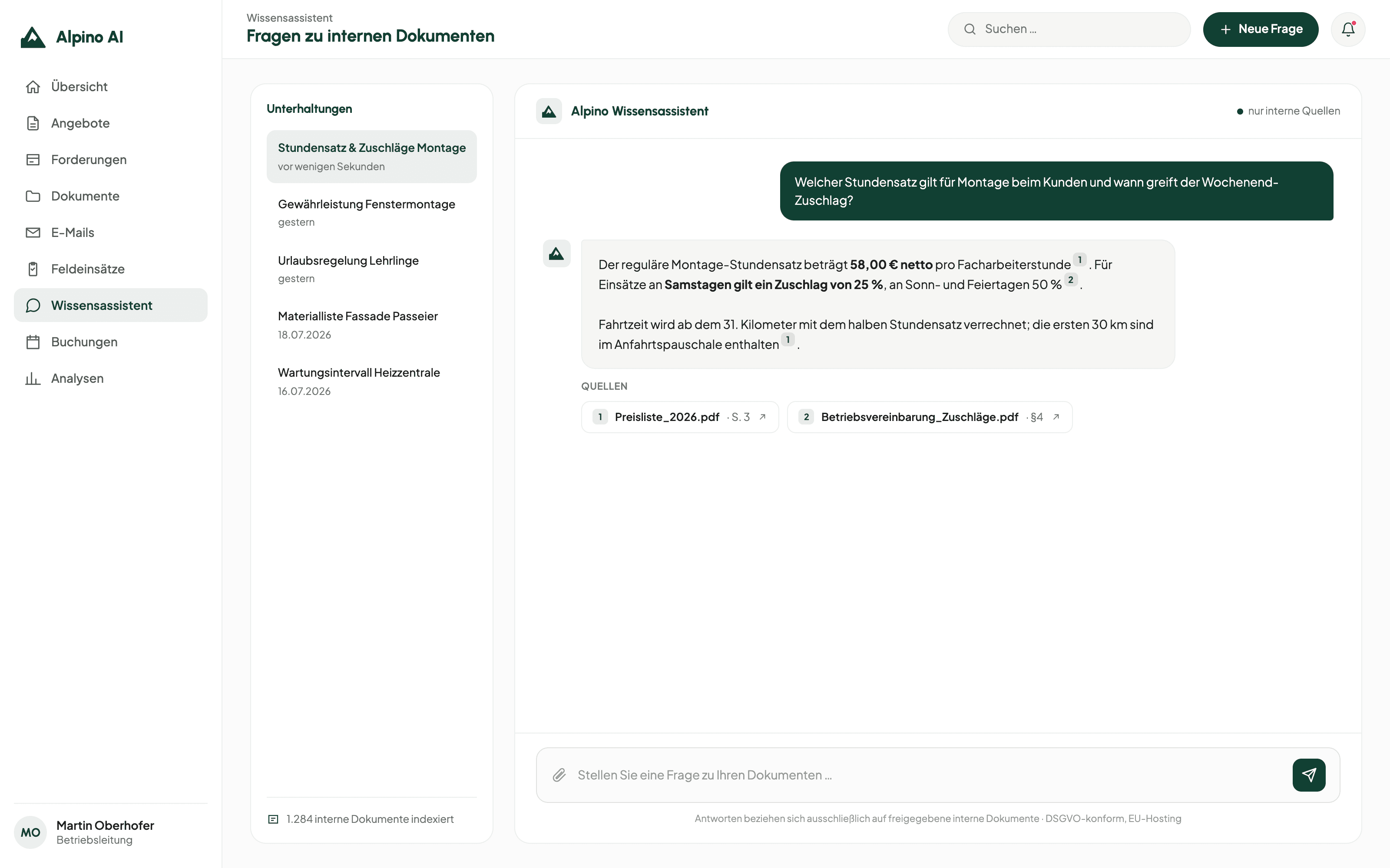 Mockup des Wissensassistenten von Alpino AI: Fragen in natürlicher Sprache an den Fileserver mit Antworten samt Quellenverweis