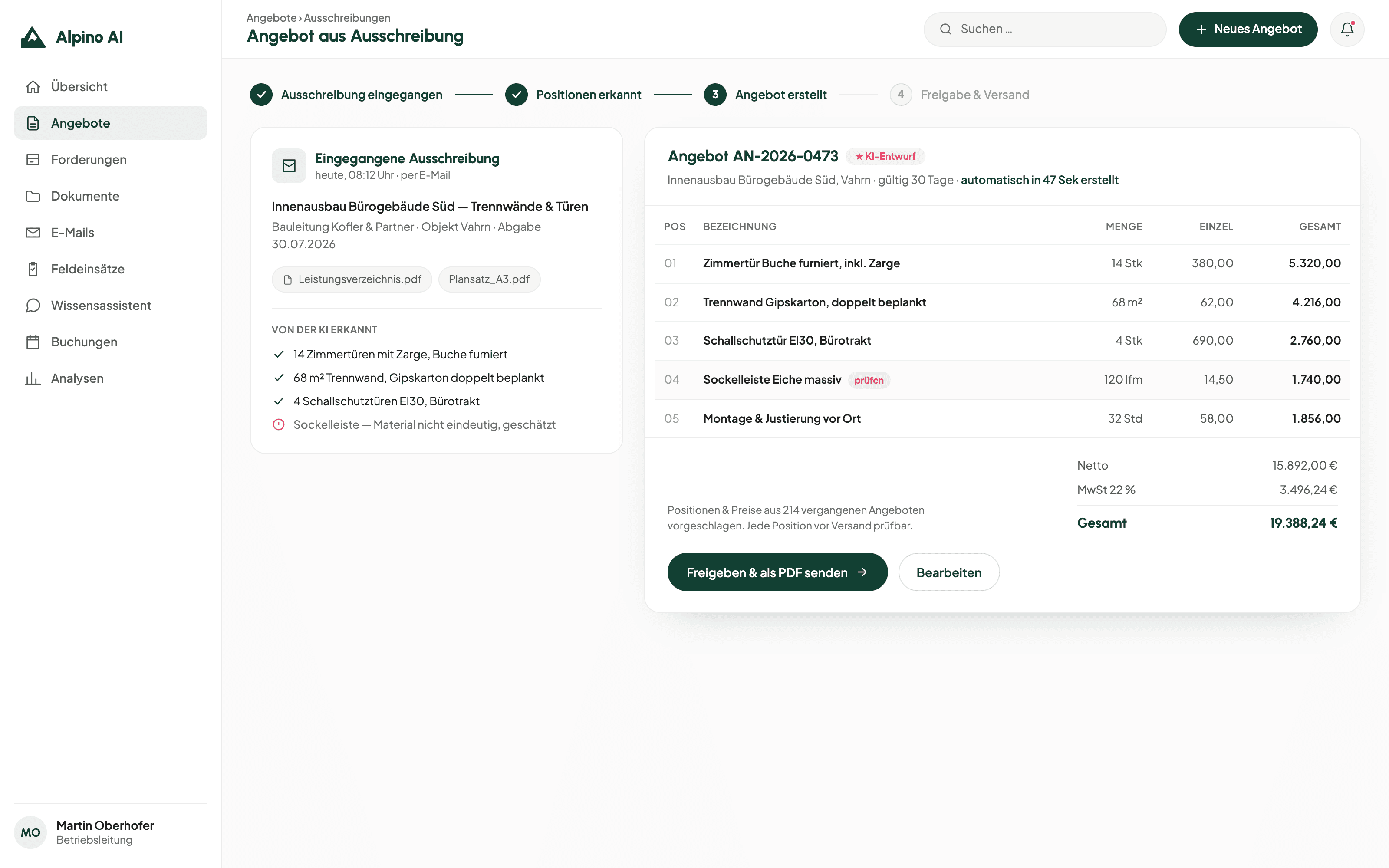 Mockup dell'automazione delle offerte di Alpino AI: l'IA propone fascia di prezzo, stima dei costi e testi dallo storico ERP