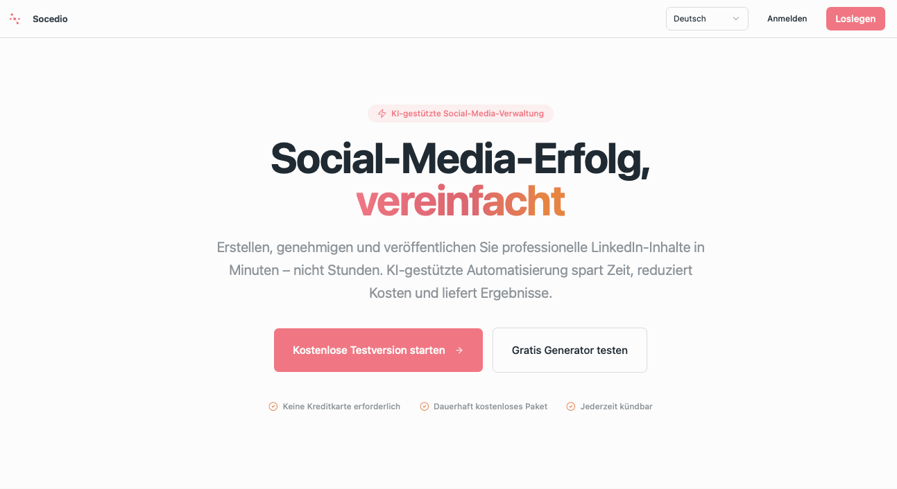 Socedio Landing Page mit Social-Media-Erfolg vereinfacht