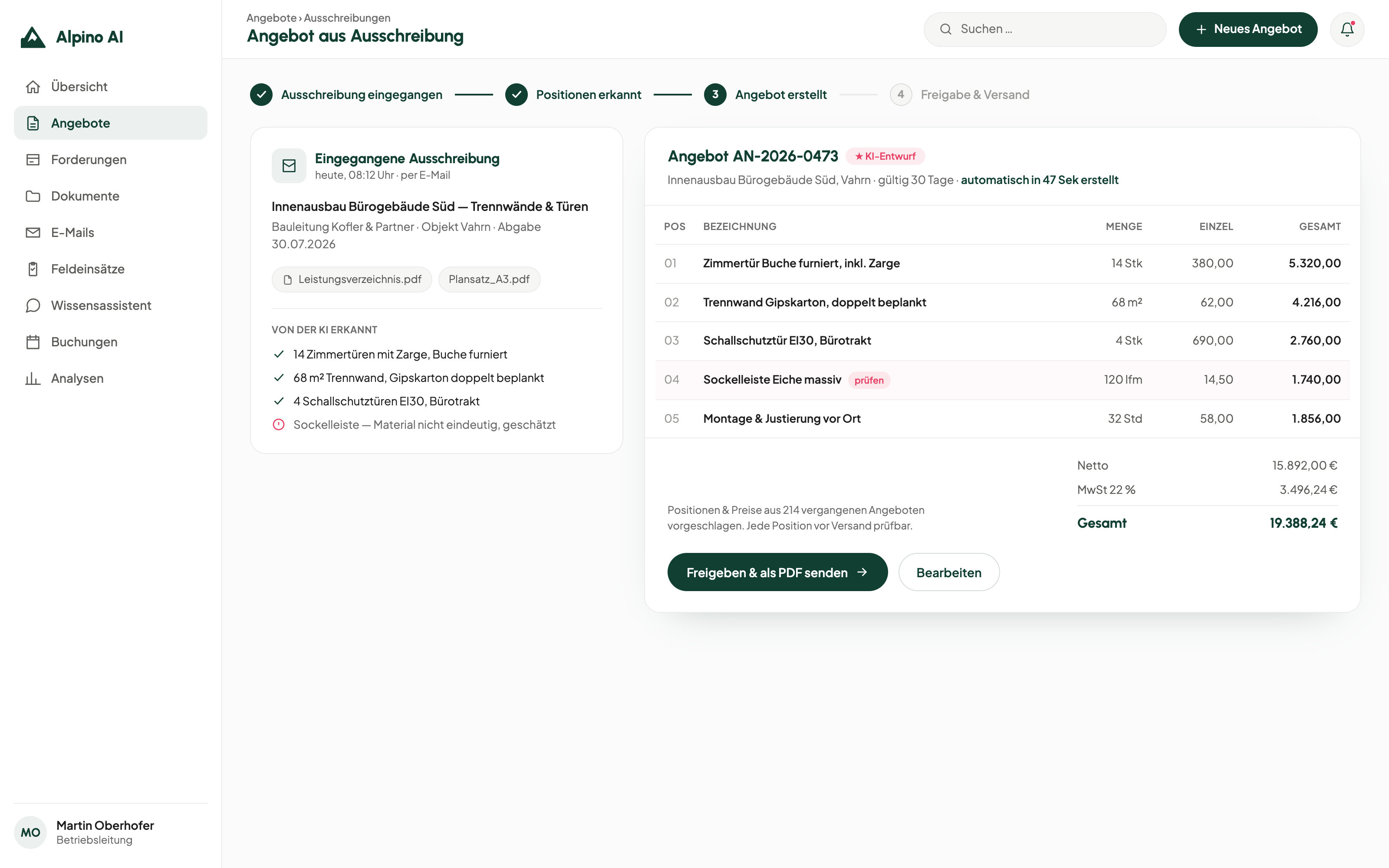 Mockup der Angebotsautomatisierung: KI schlägt Preis-Korridor, Aufwand und Textbausteine aus der ERP-Historie vor